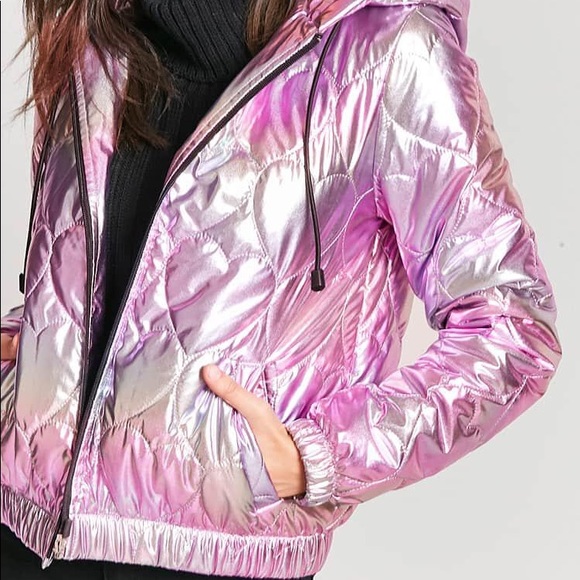 Iridescent Puffer Quilted Shiny Jacket Purple/Pink - Picture 2 of 3
